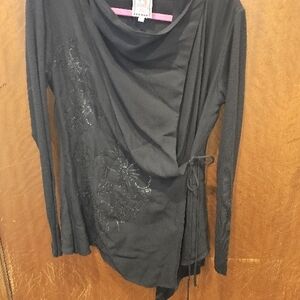 Johnny Was. Black Drape Neck Women's Top Black. Picture Dark Black
